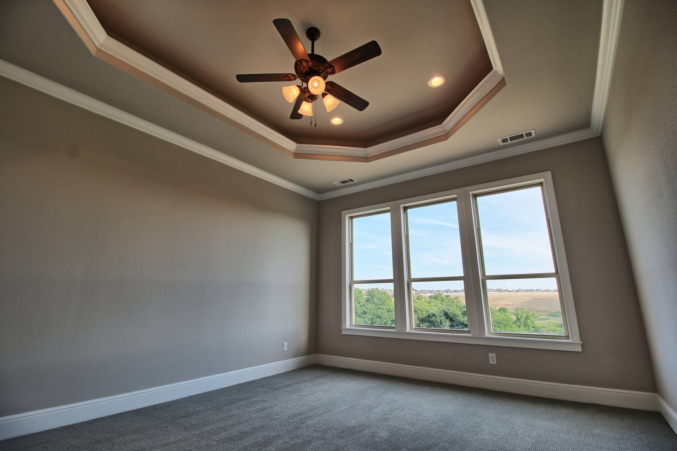 Carpeted bedroom with octagonal tray ceiling, crown molding, ceiling fan with light kit, and three double-hung windows overlooking trees and fields